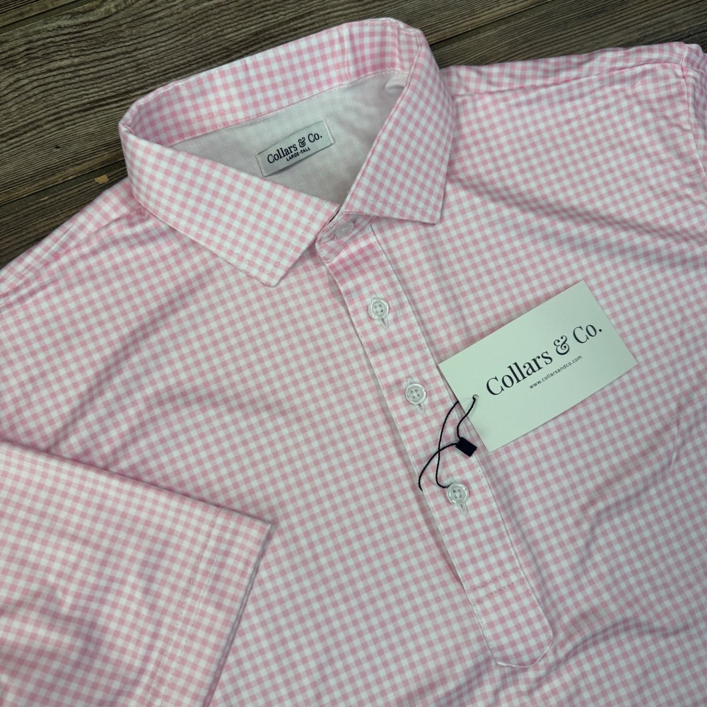Collars & Co Men Large Tall Polo Shirt Pink Gingham Dress Collar Stretch New